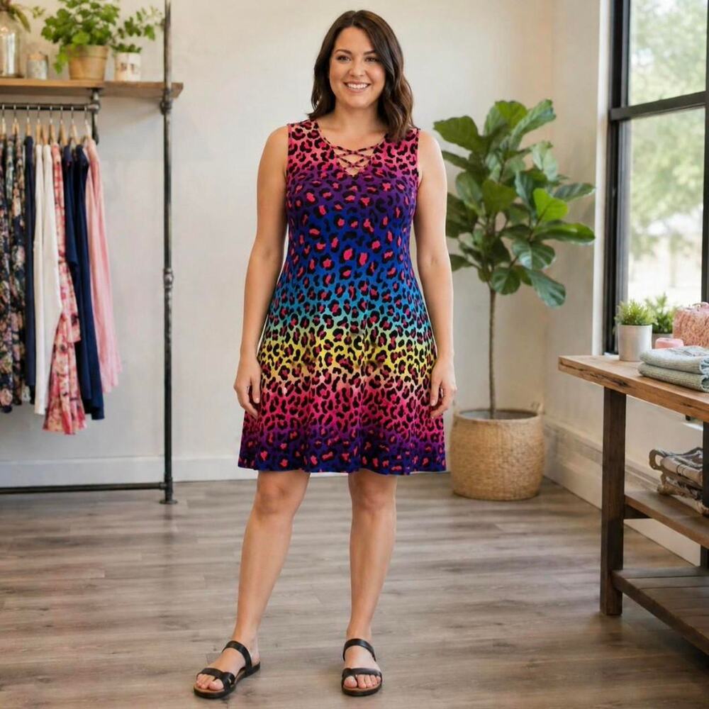 Rainbow leopard print crisscross swing dress Medium